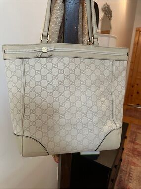 Gucci Cream GG Monogram Leather-Trim Tote